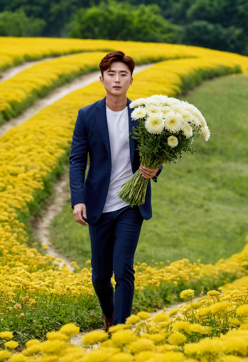 Park Seo joon ,korea actor, full body, walking along the grass road, at country side, beyond the meadow, holding a bundle of chrysanthemum, XF IQ4, 150MP, 50mm, ISO 1000, 1/250s, natural light, Adobe Lightroom, photolab, Affinity Photo, PhotoDirector 365