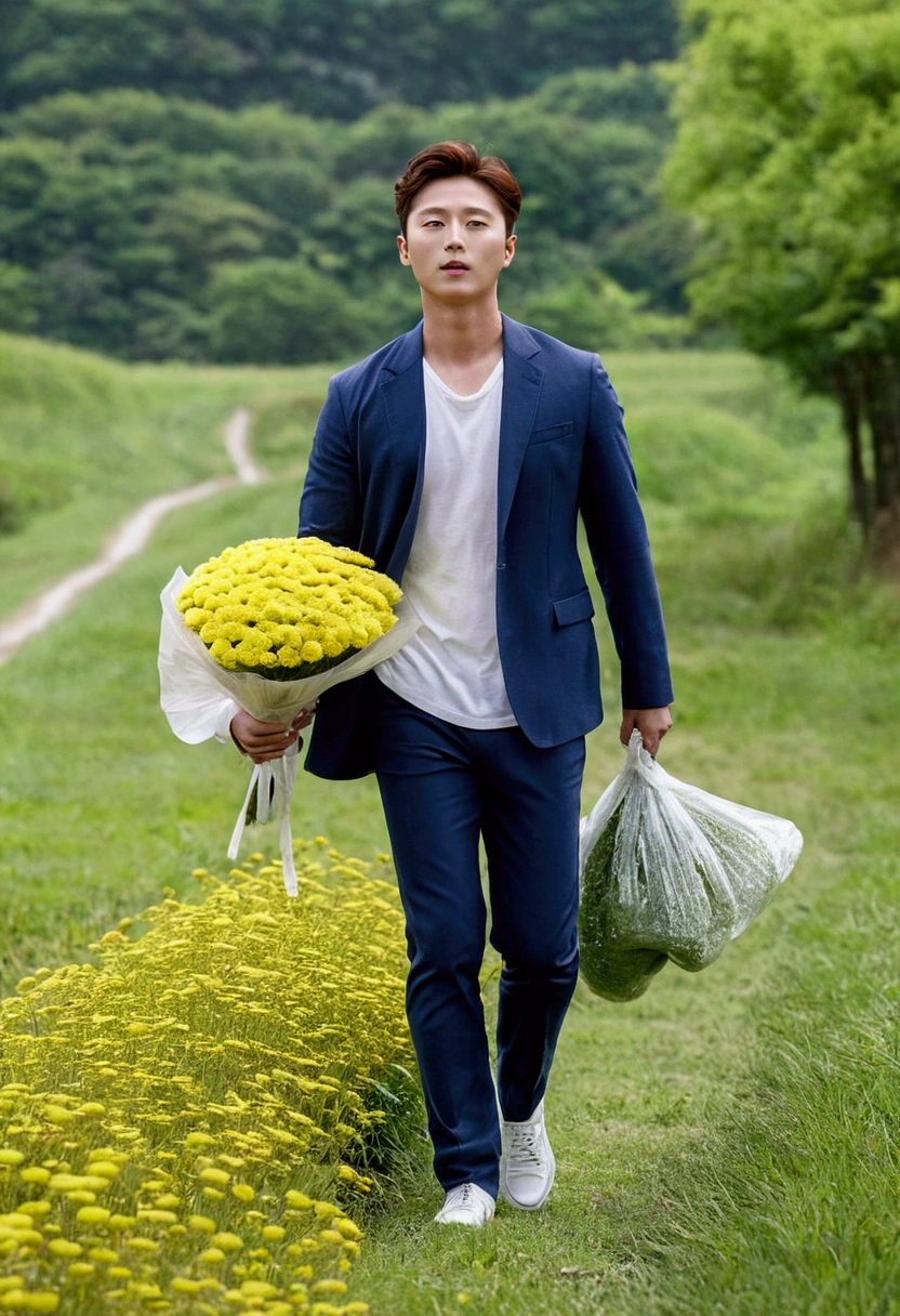 Park Seo joon ,korea actor, full body, walking along the grass road, at country side, beyond the meadow, holding a bundle of chrysanthemum, XF IQ4, 150MP, 50mm, ISO 1000, 1/250s, natural light, Adobe Lightroom, photolab, Affinity Photo, PhotoDirector 365