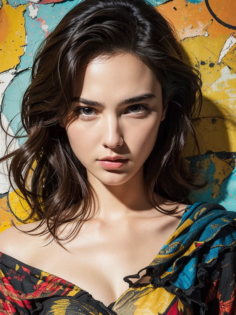 Gal Gadot's womanly form emerges from a richly textured, highly relieved analogue mixed media collage on canvas. In the style of contemporary and punk art, her beautiful face radiates with photorealistic precision. Expressionist brushstrokes swirl around her, imbuing her gaze with intensity. The composition is masterful, guiding the viewer's eye through intricate details that seem to leap from the surface. A true masterpiece, this work boasts spectacular quality in every aspect.