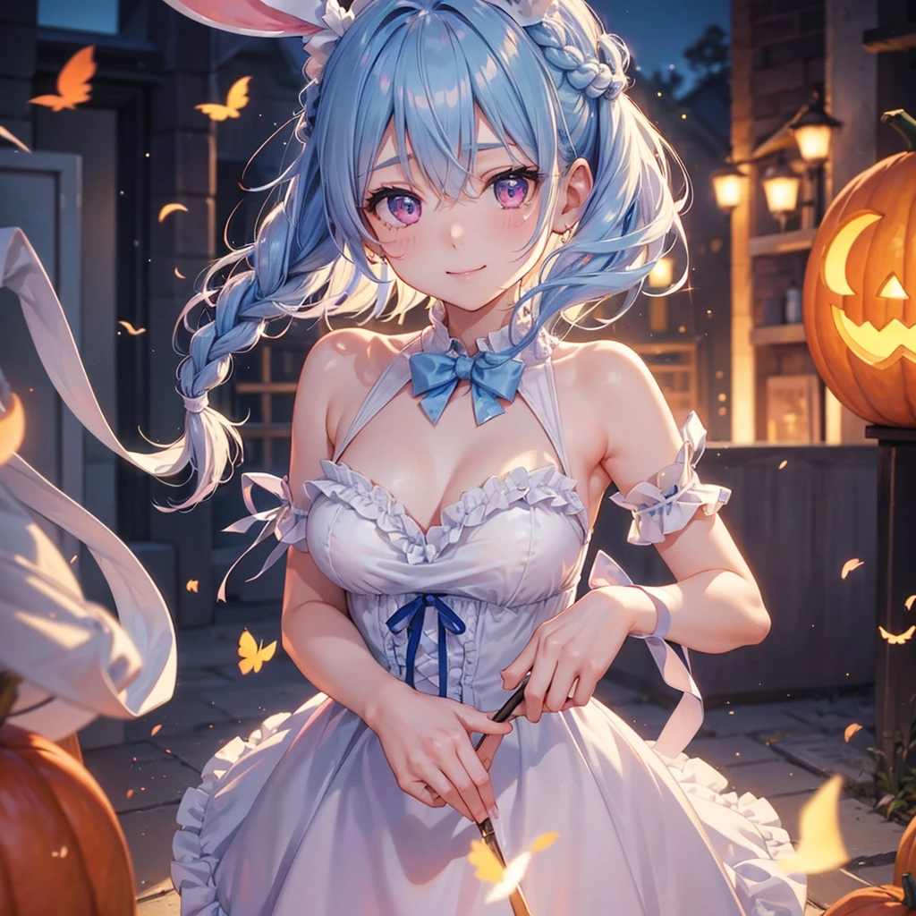 (Light blue medium hair),(Braided hair tied together)、Pink eyes、Fair skin、cowboy shot、Halloween、The background is a pumpkin ghost、Trick or Treat、Lollipop、Cosplay、Bunny girl、A surprising smile、A dignified figure、solo、(masterpiece、Highest quality、Very detailed、Best Shadow)、(Detailed Background)、(Beautifully detailed face)、High contrast、(Best lighting、Very delicate and beautiful)、((Cinematic Light))、colorful、Hyper Detail、Dramatic Light、Exquisite detail、