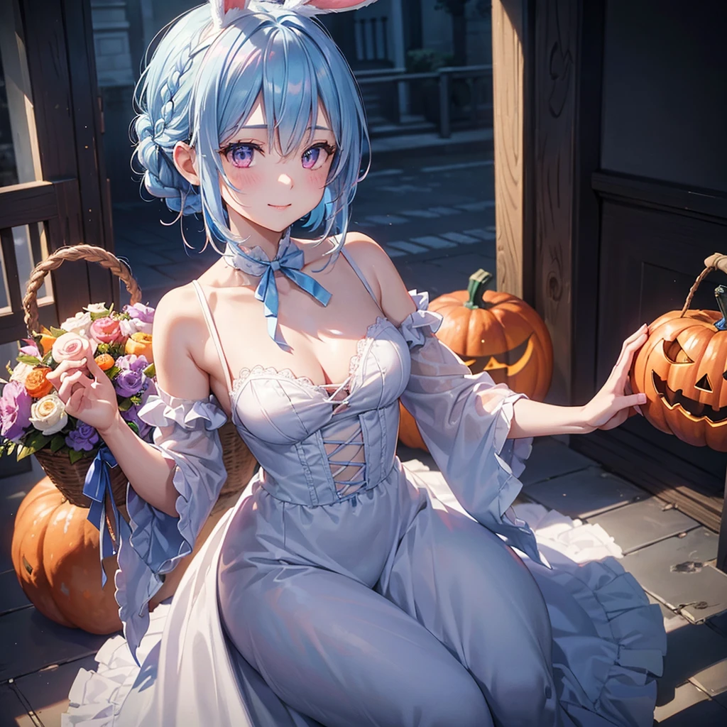 (Light blue medium hair),(Braided hair tied together)、Pink eyes、Fair skin、cowboy shot、Halloween、The background is a pumpkin ghost、Trick or Treat、Lollipop、Cosplay、Bunny girl、A surprising smile、A dignified figure、solo、(masterpiece、Highest quality、Very detailed、Best Shadow)、(Detailed Background)、(Beautifully detailed face)、High contrast、(Best lighting、Very delicate and beautiful)、((Cinematic Light))、colorful、Hyper Detail、Dramatic Light、Exquisite detail、