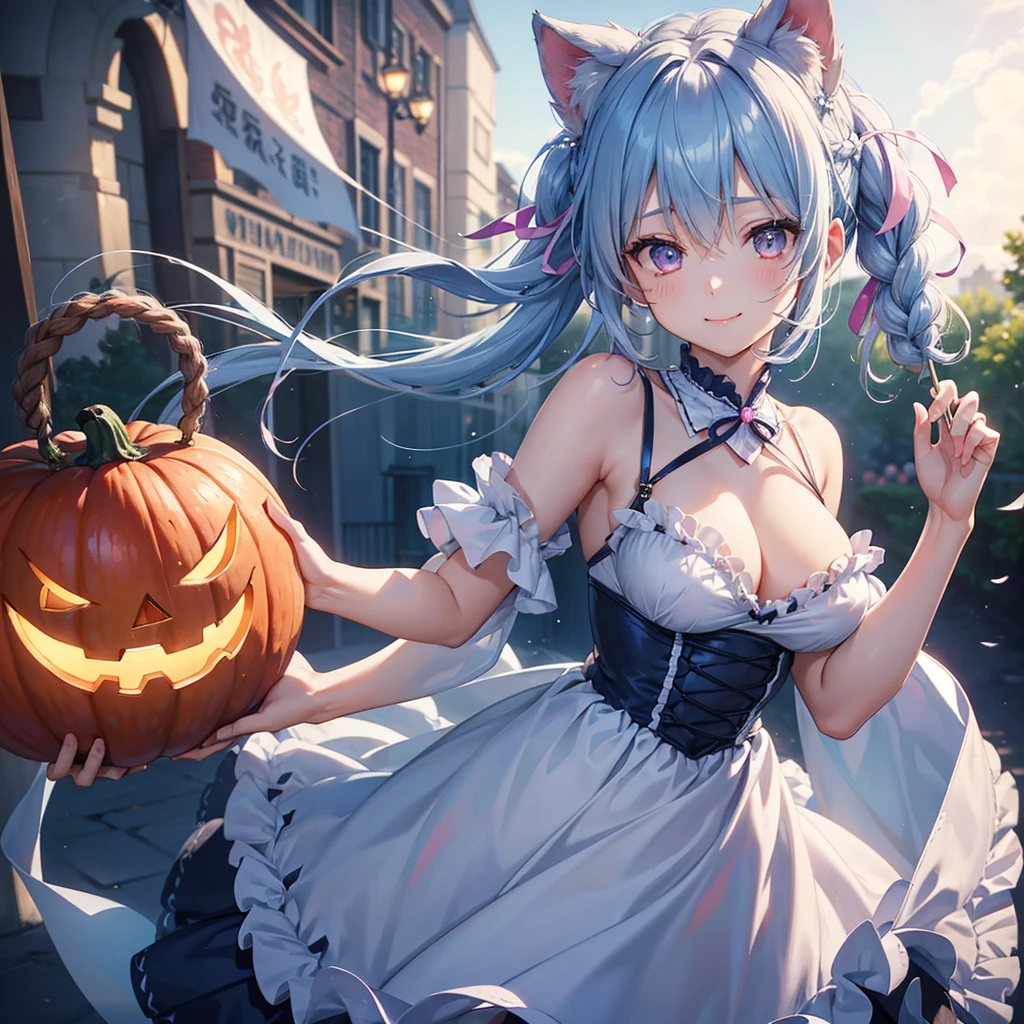 (Light blue medium hair),(Braided hair tied together)、Pink eyes、Fair skin、cowboy shot、Halloween、The background is a pumpkin ghost、Trick or Treat、Lollipop、Cosplay、Bunny girl、A surprising smile、A dignified figure、solo、(masterpiece、Highest quality、Very detailed、Best Shadow)、(Detailed Background)、(Beautifully detailed face)、High contrast、(Best lighting、Very delicate and beautiful)、((Cinematic Light))、colorful、Hyper Detail、Dramatic Light、Exquisite detail、