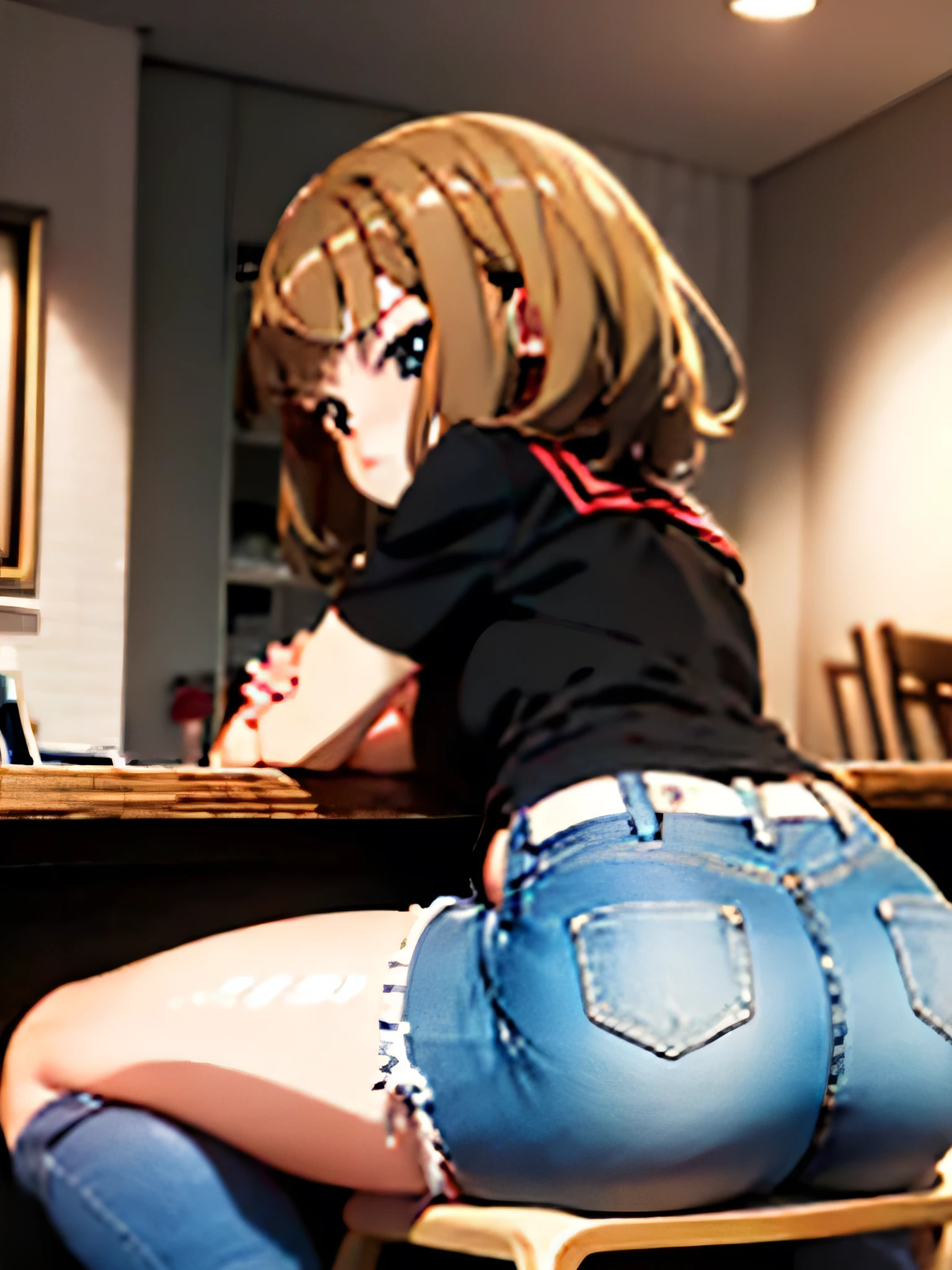 (anime girl:1.5), short brown hair, fair skin, jeans, dissatisfied facial expression, room background, (normal quality:1.2), warm tones, big butt, sitting on a chair, back to camera, leaned her chest on the table
