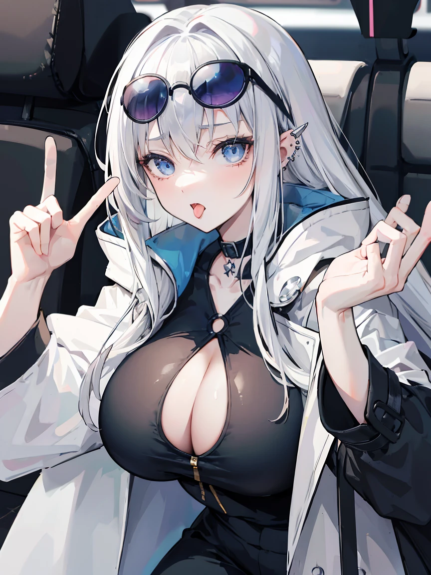 (masterpiece, highest quality:1.2), highest quality, masterpiece, high resolution, Anime style, portraiture, female, long hair, Silver hair, platinum blond hair, oversized coat, bikini, big breast, disproportionate cloak, dark blue eyes, Hold the sunglasses with one hand, pinch her sunglasses, (sticking her big tongue, Vulgar face, Open her mouth boldly, tongue piercing), pull back her chin, neck choker, make a peace signwith one hand, in the car