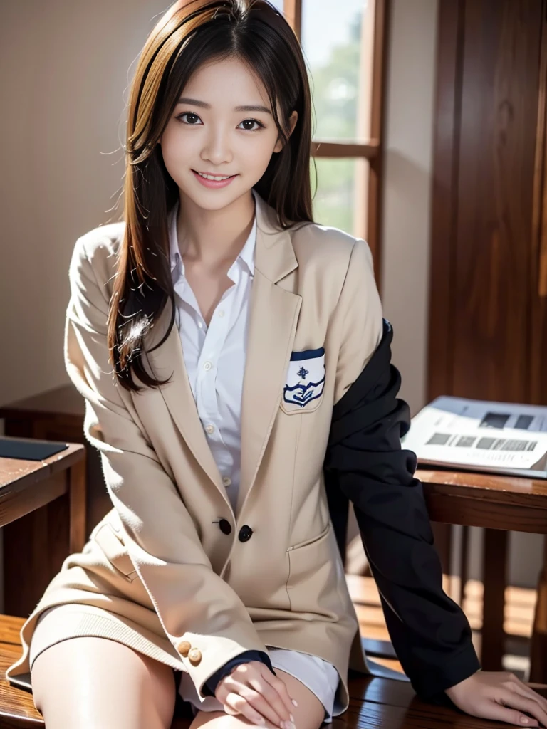 The pieces fly、Highest quality、figure、 Very detailed、Fine details、 High resolution、8K デンデ wallpaper、Perfect dynamic composition、Beautiful 17 year old girl、Neat and clean high school girl、Beautiful face in every detail、Beautiful eyes in every detail、Textured skin、A shy smile、Shortcuts、Small breasts、Bold sexy pose、School Blazer Uniform、