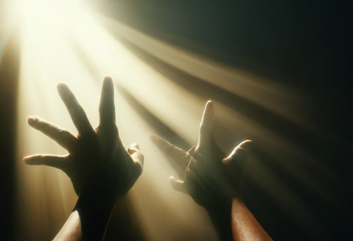 A man spreads his hands towards the light, happy, free, intricate details, dramatic lighting, cinematic composition, wide angle shot, moody atmosphere, deep shadows, glowing light, photorealistic, Unreal Engine, muted color palette, chiaroscuro lighting
