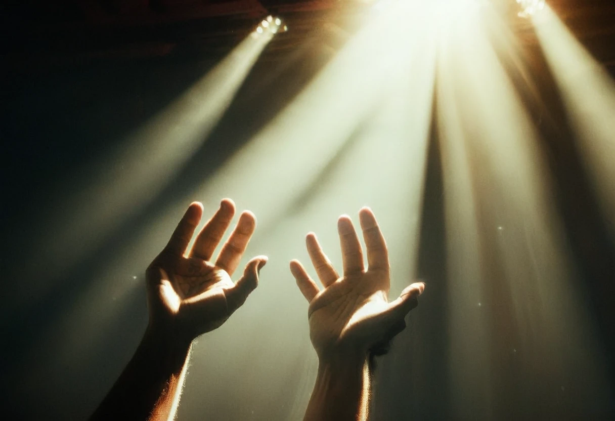 A man spreads his hands towards the light, happy, free, intricate details, dramatic lighting, cinematic composition, wide angle shot, moody atmosphere, deep shadows, glowing light, photorealistic, Unreal Engine, muted color palette, chiaroscuro lighting