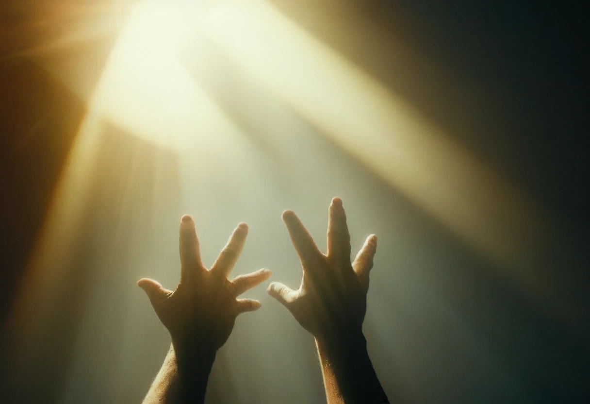 A man spreads his hands towards the light, happy, free, intricate details, dramatic lighting, cinematic composition, wide angle shot, moody atmosphere, deep shadows, glowing light, photorealistic, Unreal Engine, muted color palette, chiaroscuro lighting