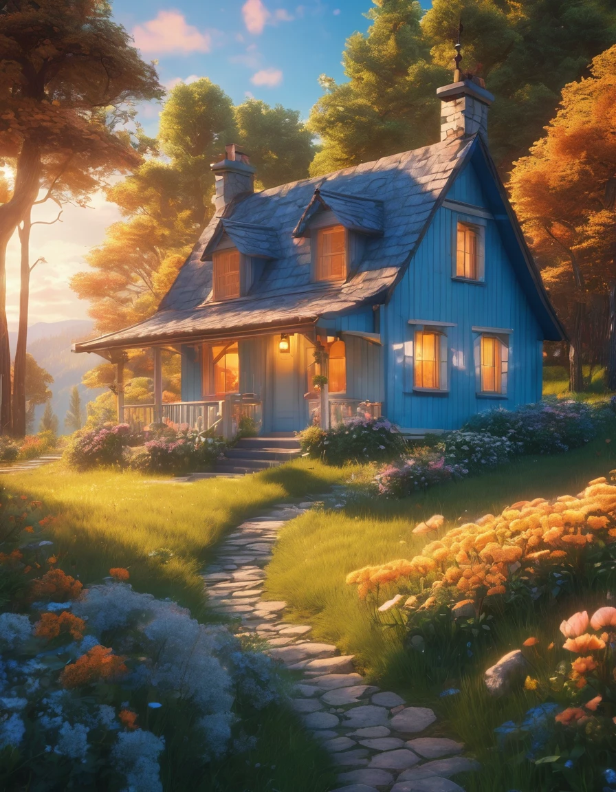 Hyperrealistic digital image of a charming flowery light blue cottage nestled in the woods,pathway,meadows,and far hills,burning clouds in a gradient orange yellow sky,niji anime style,hyper-maximalism,raw photography,ultra-detailed photorealistic textures,artistic bokeh,beautiful lighting,hyper-detailed,sharp focus,unreal engine,WLOP,HDR,8k,vray