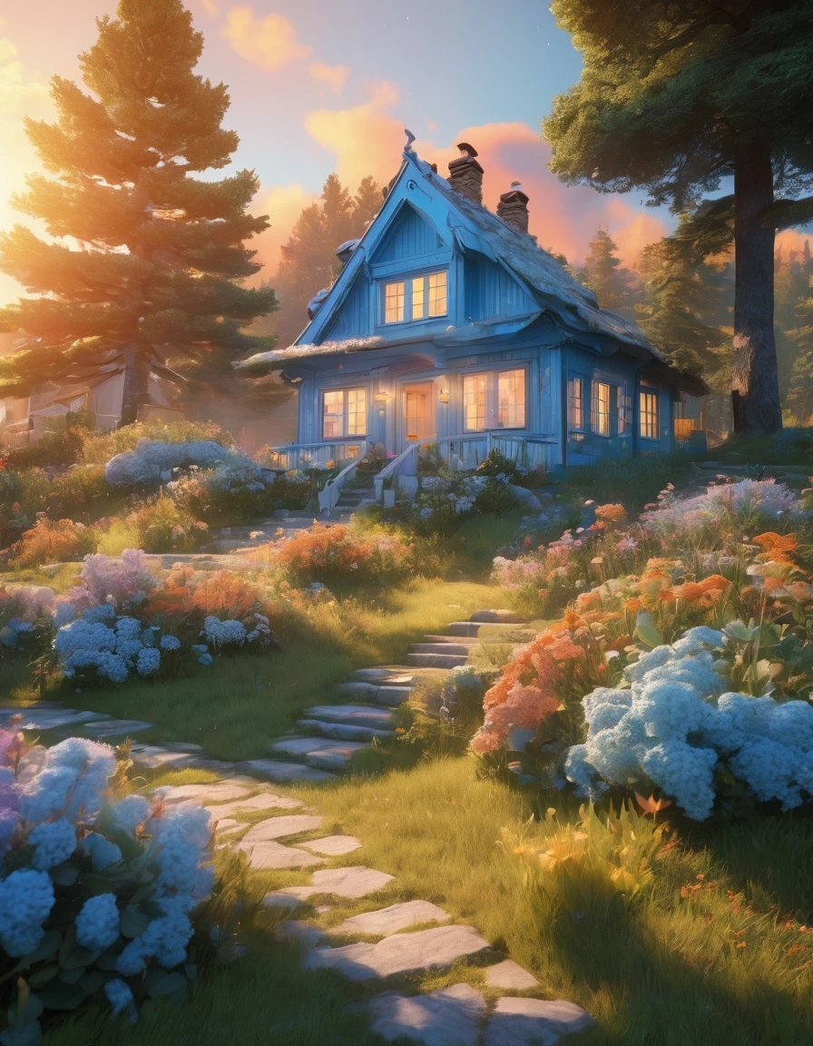 Hyperrealistic digital image of a charming flowery light blue cottage nestled in the woods,pathway,meadows,and far hills,burning clouds in a gradient orange yellow sky,niji anime style,hyper-maximalism,raw photography,ultra-detailed photorealistic textures,artistic bokeh,beautiful lighting,hyper-detailed,sharp focus,unreal engine,WLOP,HDR,8k,vray