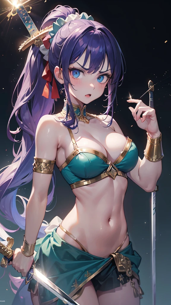 Best quality, Ultra detailed, best quality, insanely detailed, beautiful, masterpiece, 8k, 
break  
Colorful background, refraction Glowing white lines ,Crossing Light,light particles
break 
1lady, (gripping sword :1.5) , fire on sword,purple hair, long hair, high ponytail, (hair scrunchie :1.2) , green scrunchie,blue eyes, ultra detailed eyes,(bellydancer:1.3)purple clothes,abs, navel, Showcasing cleavage,
Break
upper body, strong facial expression,(sharp eye:1.2),(scowl:1.1), (stare at viewer with stern eyes:1.5), ,nsfw,(ecstasy:1.3) ,(slut:1.2),(vulgarity:1.3),(fucked silly:1.1),(steam:1.1),(wet:0.8),(trembling:0.8),(tears:0.7) ,(drooling:0.6),(sweat:0.8),open mouth,