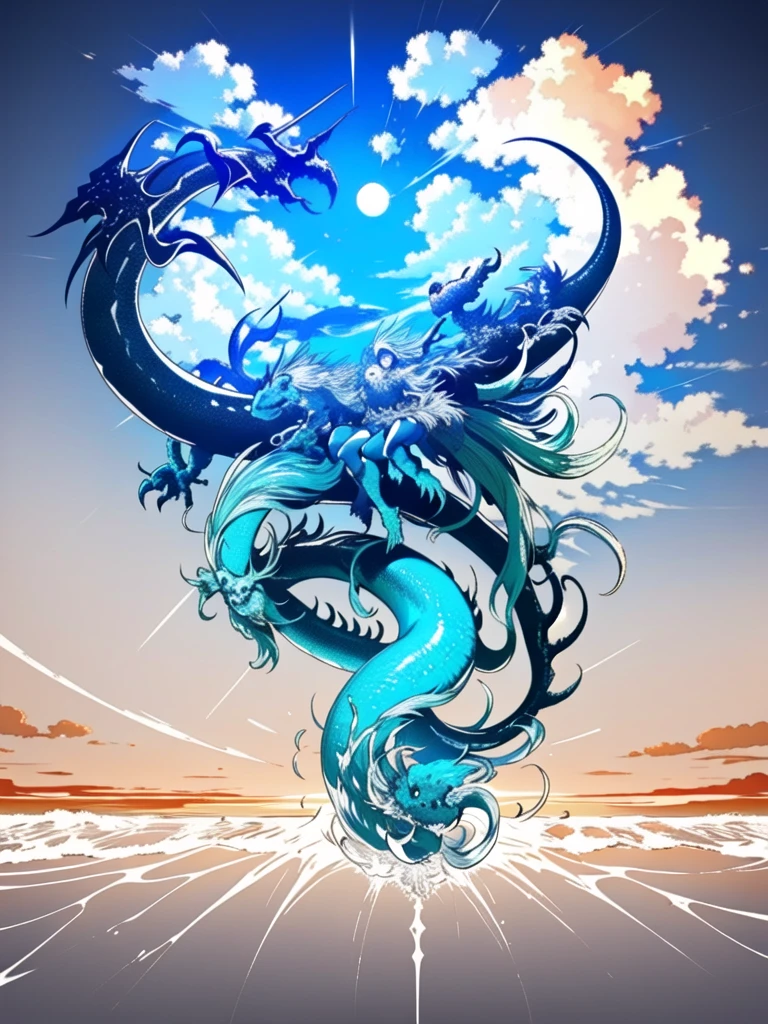 (Highest quality), ((masterpiece)), (Superior), original, Highly detailed CG Unity 8k wallpaper,
Blue is the main color,from the sea and dragons flying up through the clouds
 