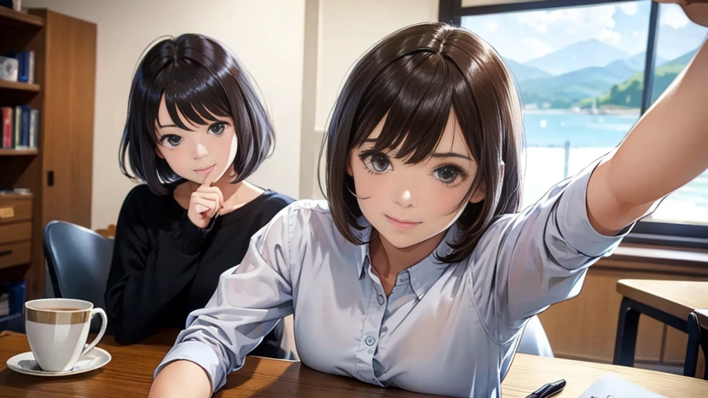 (Highest quality:1.2), Very detailed, High resolution, Tabletop:1,2, Vibrant colors, Bokeh, Professional Lighting, Physically Based Rendering, Flat Color:0.8, Great illustrations, Realistic:1.37, Shinkai Makoto style, Your name style, Light brown hair, Elegant update, Short Bob, Hairstyles such as chignon, Laugh together, Dynamic pose, Selfie, Upper body full sister、