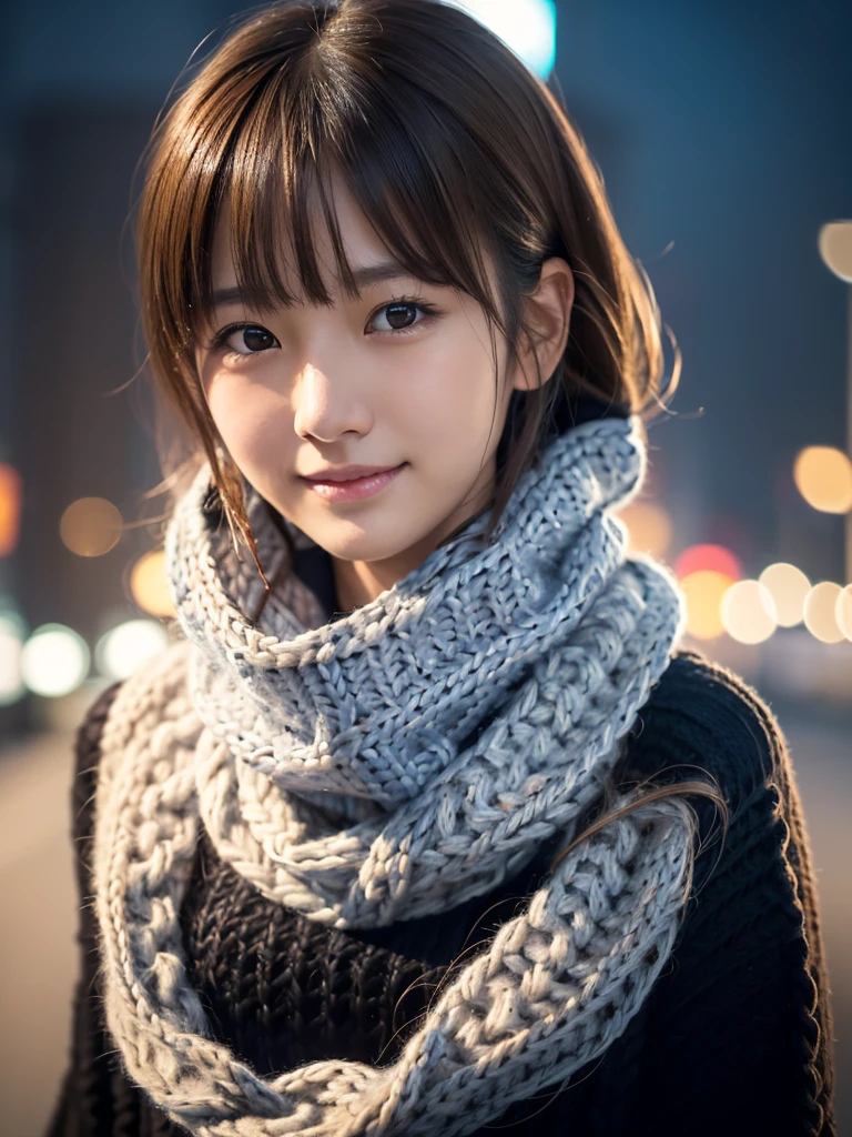 1 Japanese girl,(Black sweater:1.4),(She has a knitted snood around her neck to cover her chin..:1.5), (RAW Photos, Highest quality), (Realistic, Photorealistic:1.4), Tabletop, Very delicate and beautiful, Very detailed, 8k wallpaper, wonderful, finely, Very detailed CG Unity, High resolution, Soft Light, Beautiful Details 19 years old, Very detailed目と顔, Beautiful and detailed nose, finelyて美しい目,Cinema Lighting,City lights at night,Perfect Anatomy,Slender body,smile  (Dirty hair, Asymmetrical bangs, Light brown hair,)