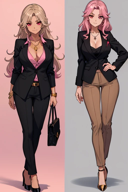 female, silver messy long hair, red eyes, tanned skin, (((1girl))), (((black blazer))), (pink shirt), (tan pants), (black heels), (necklace with gold pendant), cute and sexy, full body, big breasts, long legs, smiling, cleavage