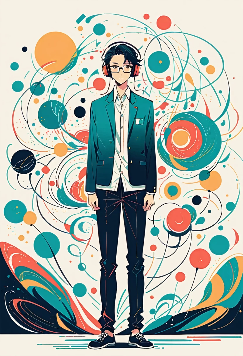 Watase Seizo style, Standing in front of a wall,Simple line initials,Abstract art,A background of scattered musical notes, Wear headphones, Large black-rimmed glasses, (((The most beautiful men))), (((a bit)))