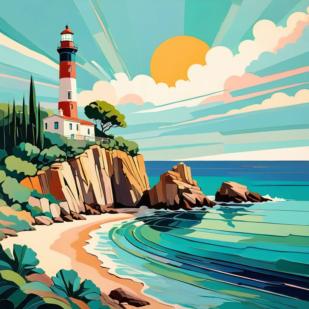 a thick textured oil painting, impasto brushstrokes, dry brushing,revealing lower layers, breathtaking composition, Create an Art Deco-inspired illustration of a scenic lighthouse perched on a rocky coastline, overlooking the turquoise waters of Cala Ratjada. Include vibrant pastel colors, elegant lines, and a retro summer atmosphere. The style is reminiscent of vintage travel posters with a modern twist, a thick textured oil painting, impasto brushstrokes, dry brushing,revealing lower layers, breathtaking composition