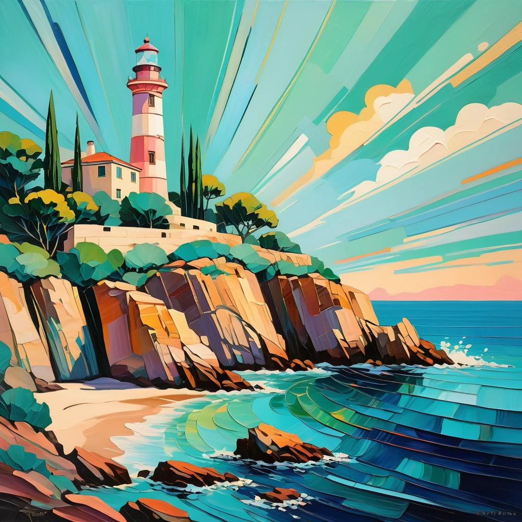 a thick textured oil painting, impasto brushstrokes, dry brushing,revealing lower layers, breathtaking composition, Create an Art Deco-inspired illustration of a scenic lighthouse perched on a rocky coastline, overlooking the turquoise waters of Cala Ratjada. Include vibrant pastel colors, elegant lines, and a retro summer atmosphere. The style is reminiscent of vintage travel posters with a modern twist, a thick textured oil painting, impasto brushstrokes, dry brushing,revealing lower layers, breathtaking composition
