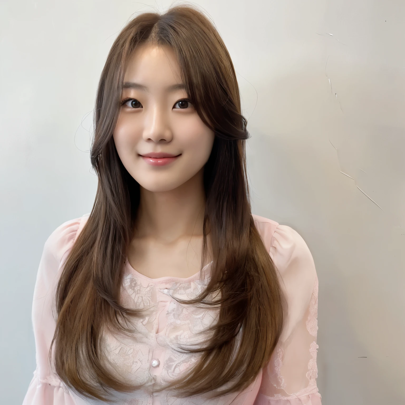 Best Quality, 8k, Masterpiece, (Portrait: 1.3), (photo realistic:1.4), (hyper realistic:1.4), Sharp Focus, looking at viewer, (smoother lighting:1.1), (increase cinematic lighting quality:0.9), realistic lighting, backlighting, light on face, ray trace, (brightening light:1.2), (Increase quality:1.4), sharp detail, (best quality real texture skin:1.4), finely detailed eyes, black_eyes, finely detailed face, 25 year old Korean woman, (pink dress_shirt:1.4), (Create an image maintaining the original base model hairstyle:1.5)