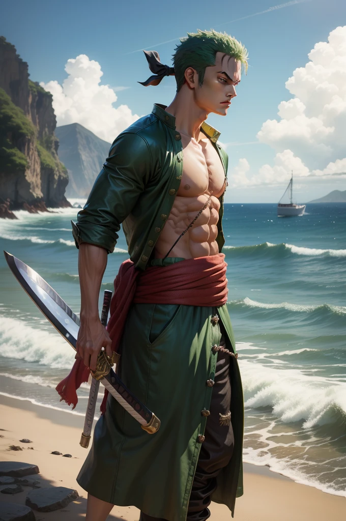 One piece Roronoa Zoro, realistic, swordsman, sea in The background