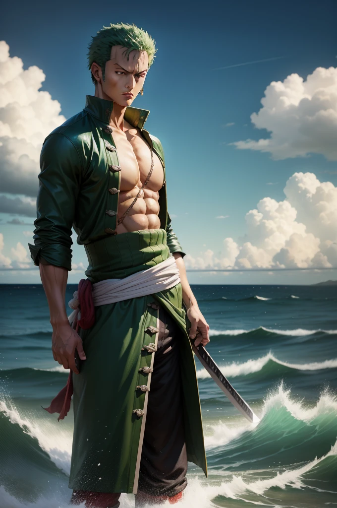 One piece Roronoa Zoro, realistic, swordsman, sea in The background