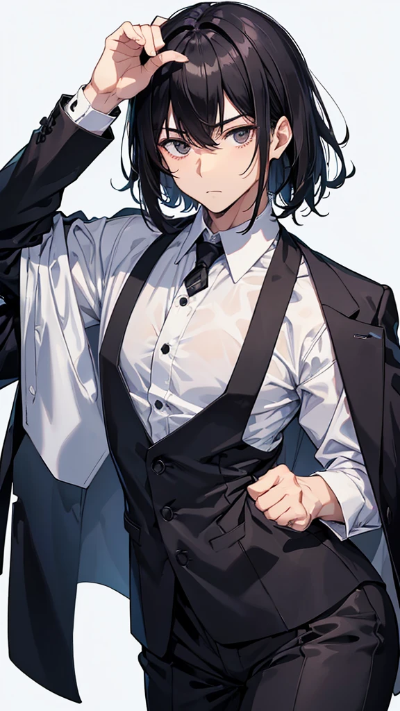 male、32 years old、less beard、Tired face、Glaring eyes、Long bangs、Parted bangs、7:3 parting、Shot from the thigh up、Are standing、looking at the camera、Black suit、Businessman、Plain white background、Single、Japanese salaryman