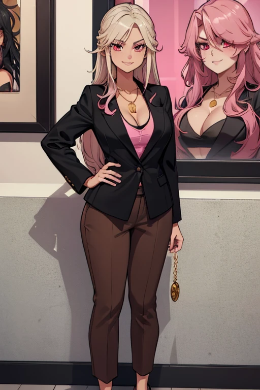 female, silver messy long hair, red eyes, tanned skin, (((1girl))), (((black blazer))), (pink shirt), (tan pants), (black heels), (necklace with gold pendant), cute and sexy, full body, big breasts, long legs, smiling, cleavage