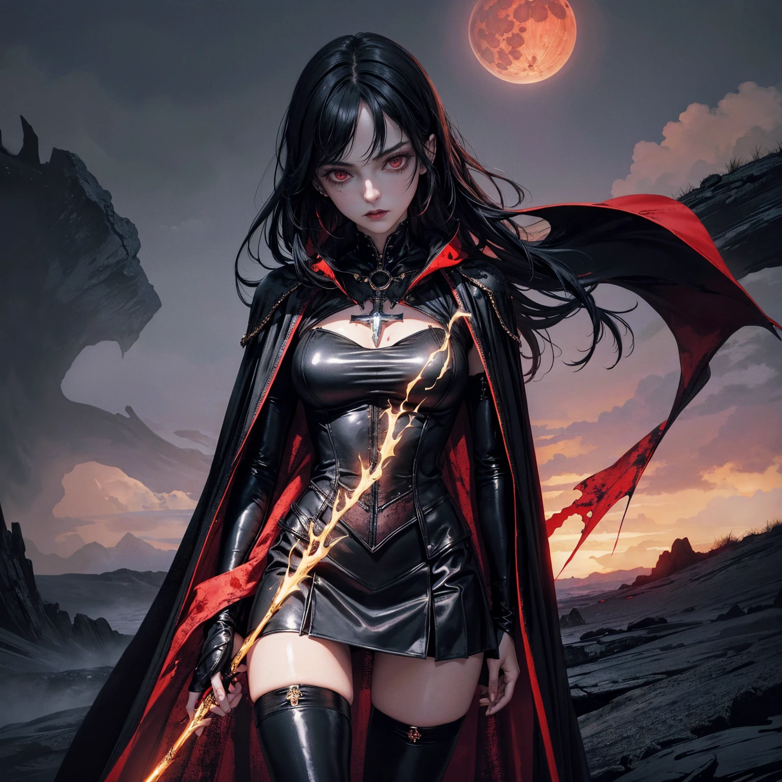 best quality, 4k, high resolution, masterpiece:1.2, Very detailed, actual:1.37, Mood lighting, Girl in a long cape, Wearing a reflective rubber latex skirt that shows a little skin above the chest, Dangerous sneer, Black Hair, Standing, Face facing the camera, Crucified, Pitch black sky, Blood-red moon, strange atmosphere, Gothic style, Unforgettable beauty, Dramatic shadows, Ethereal Light, Mysterious atmosphere.