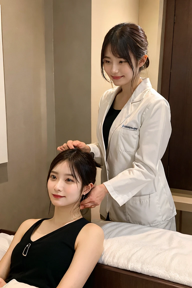 A massage therapist at the reception desk of a treatment room, warmly welcoming a client, conducting a brief counseling session, asking about the client's condition, concerns, and desired treatment, highly detailed, photorealistic, calm and relaxing atmosphere