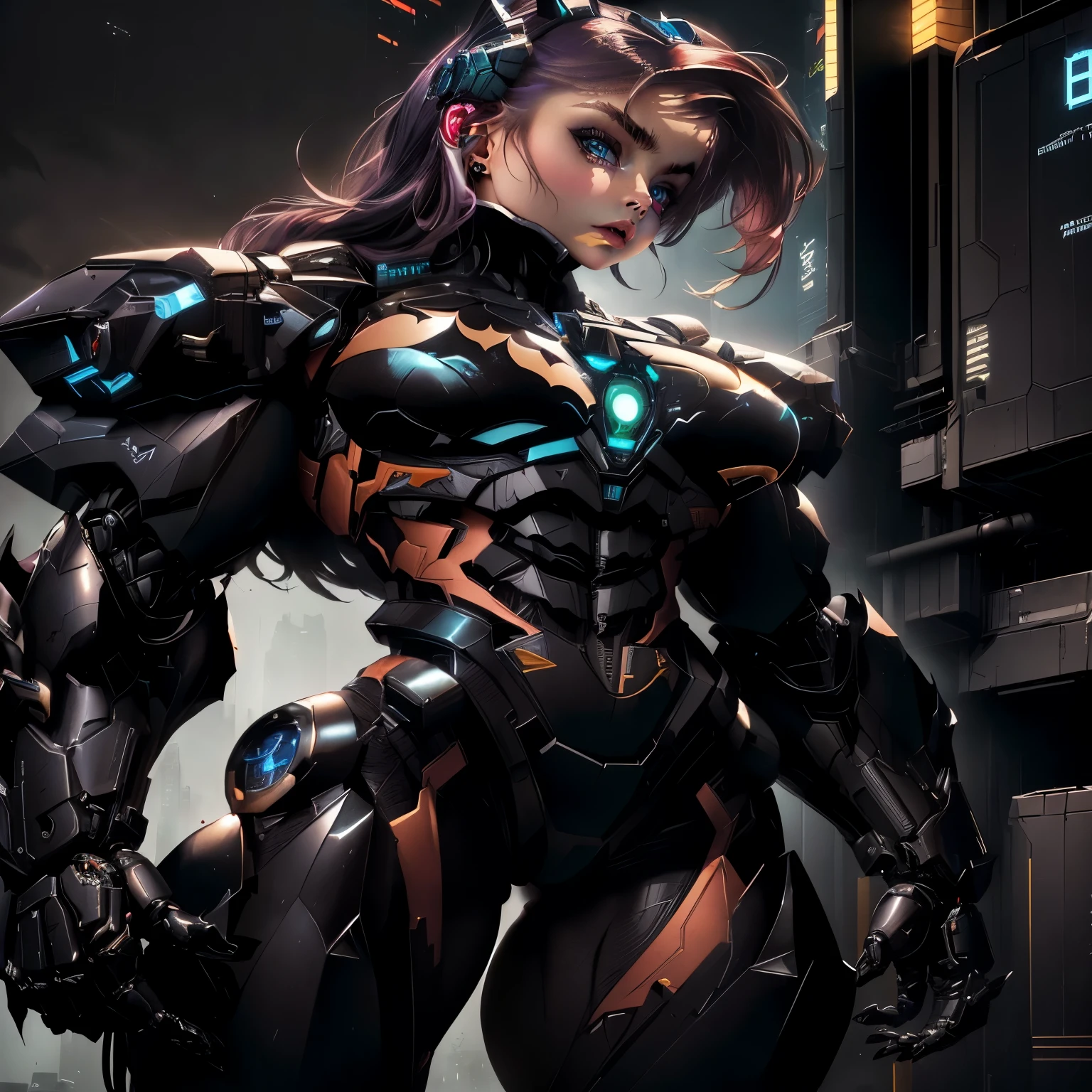 Batman Arkhamn por David Cho, girl with mecha cybernetic armor, anime cyborg, gynoid cyborg body, cyber punk anime girl mech, perfect anime cyborg woman, cyborg - girl, robotic anime mixed with organic, muscular! cyber punk, cyborg body, mecha suit, Biomechanical Oppai, science fiction armor! muscular