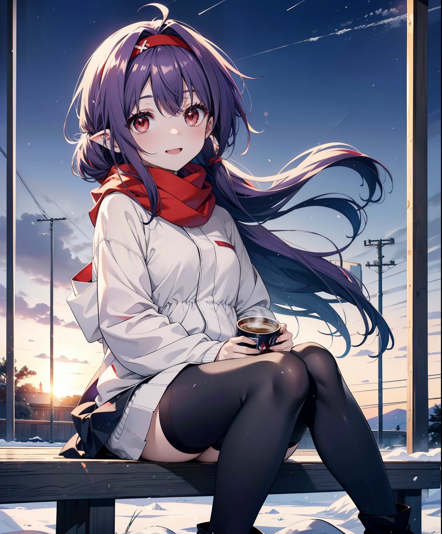 yuukikonno, Konno Yuuki, Long Hair, Pointed Ears, Purple Hair, (Red eyes:1.5), (Small breasts:1.2), Open your mouth,happy smile, smile, Open your mouth,hair band,low twin tail,Red Scarf,Oversized purple hoodie,Long skirt,Black pantyhose,short boots,Holding a paper cup of coffee in both hands,Sitting on a bench,snowが降っている,snowが降り積もっている,snow,snow,snow,snow,snowが積もった木,winter,Cold Sky,night,whole bodyがイラストに入るように,
break looking at viewer,  whole body,
break outdoors, garden,
break (masterpiece:1.2), Highest quality, High resolution, unity 8k wallpaper, (figure:0.8), (Beautiful attention to detail:1.6), Highly detailed face, Perfect lighting, Highly detailed CG, (Perfect hands, Perfect Anatomy),