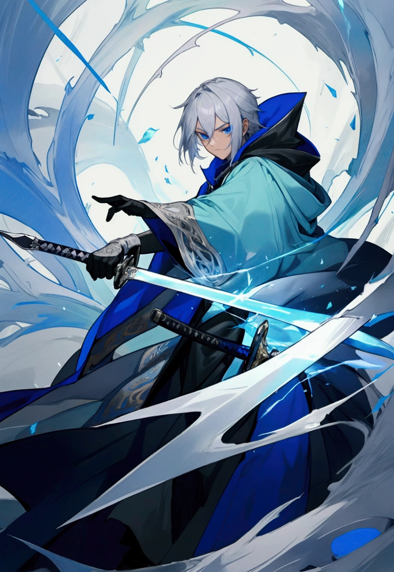 Wizard a young man, he has a silver hair and blue eyes, he wear a hood and wear gloves, sword.
