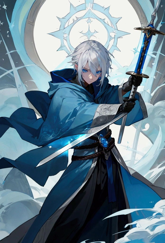 Wizard a young man, he has a silver hair and blue eyes, he wear a hood and wear gloves, sword.
