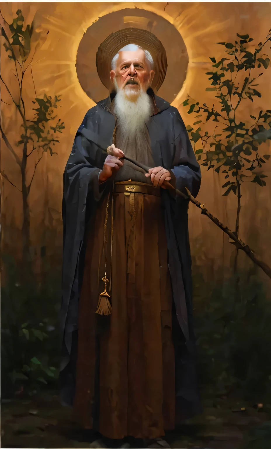 an old man with white beard , wears old roman clothes , hold a stick in his right hand , stand in grove, ring of light around his head , orthodox saint, beautiful face , dark mode background , realistic