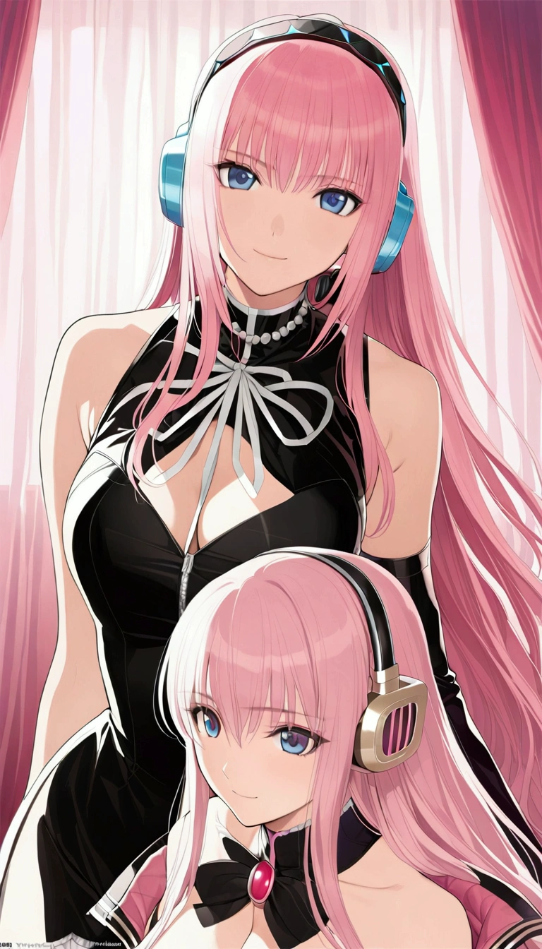 masterpiece,Detailed and beautiful depiction 1.1,Official Art,Beautiful adult woman ,Megurine Luka's official costume,headphone,Black costume,Pink long hair,blue eyes,smile,Bedroom
