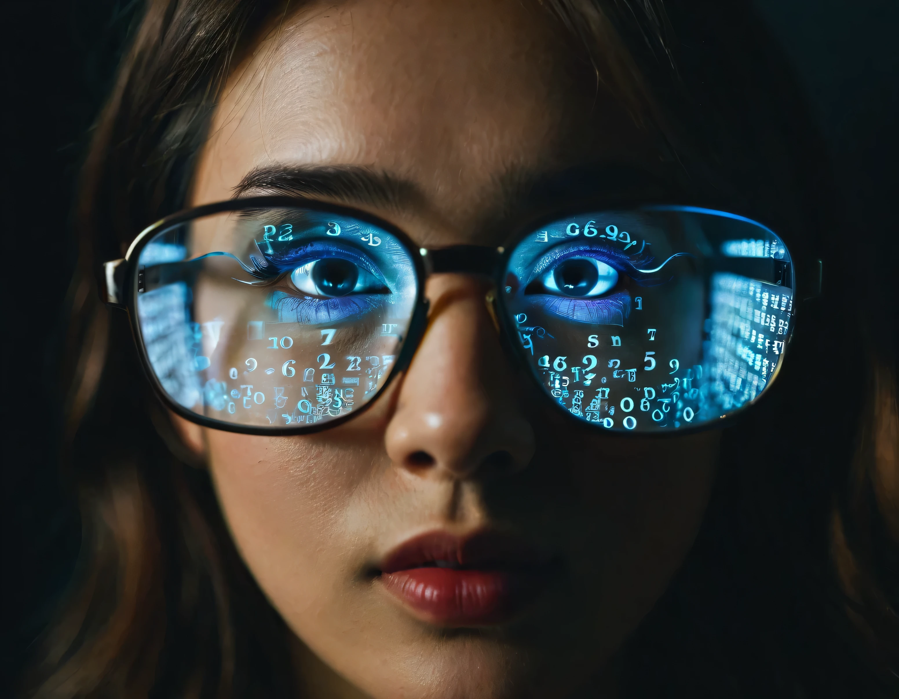 Looking through glasses in a dark room, only the face and glasses are visible and various numbers appear in the dark