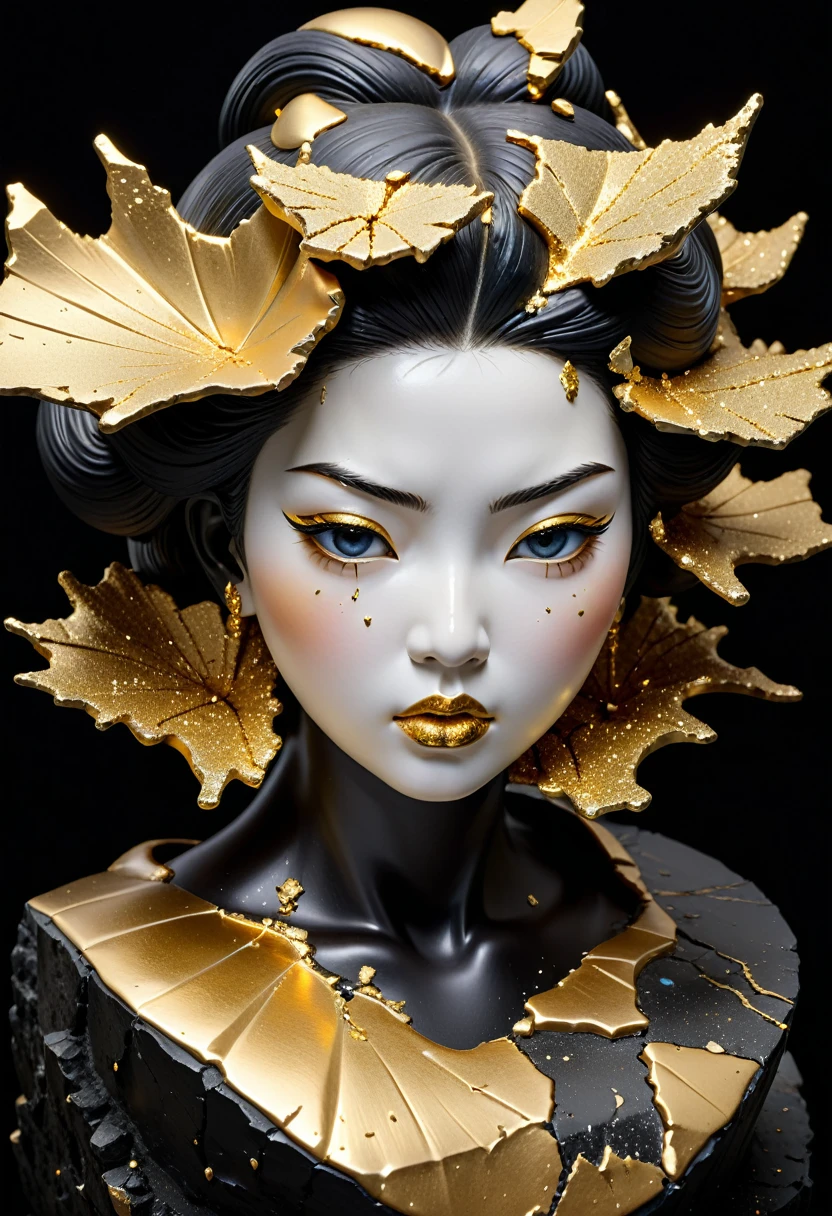 angry,(Bumpy cheeks,Pursed lips),Perfect eyes,((exhibit,Still Life Table,Artistic statues,3D Sculpture,ceramics,Surface cracks,Shattered Texture)), Show the beauty of nature.Kaneko,Gold Dust,portrait, This artwork is presented on a black background,Emphasize its artistic quality.