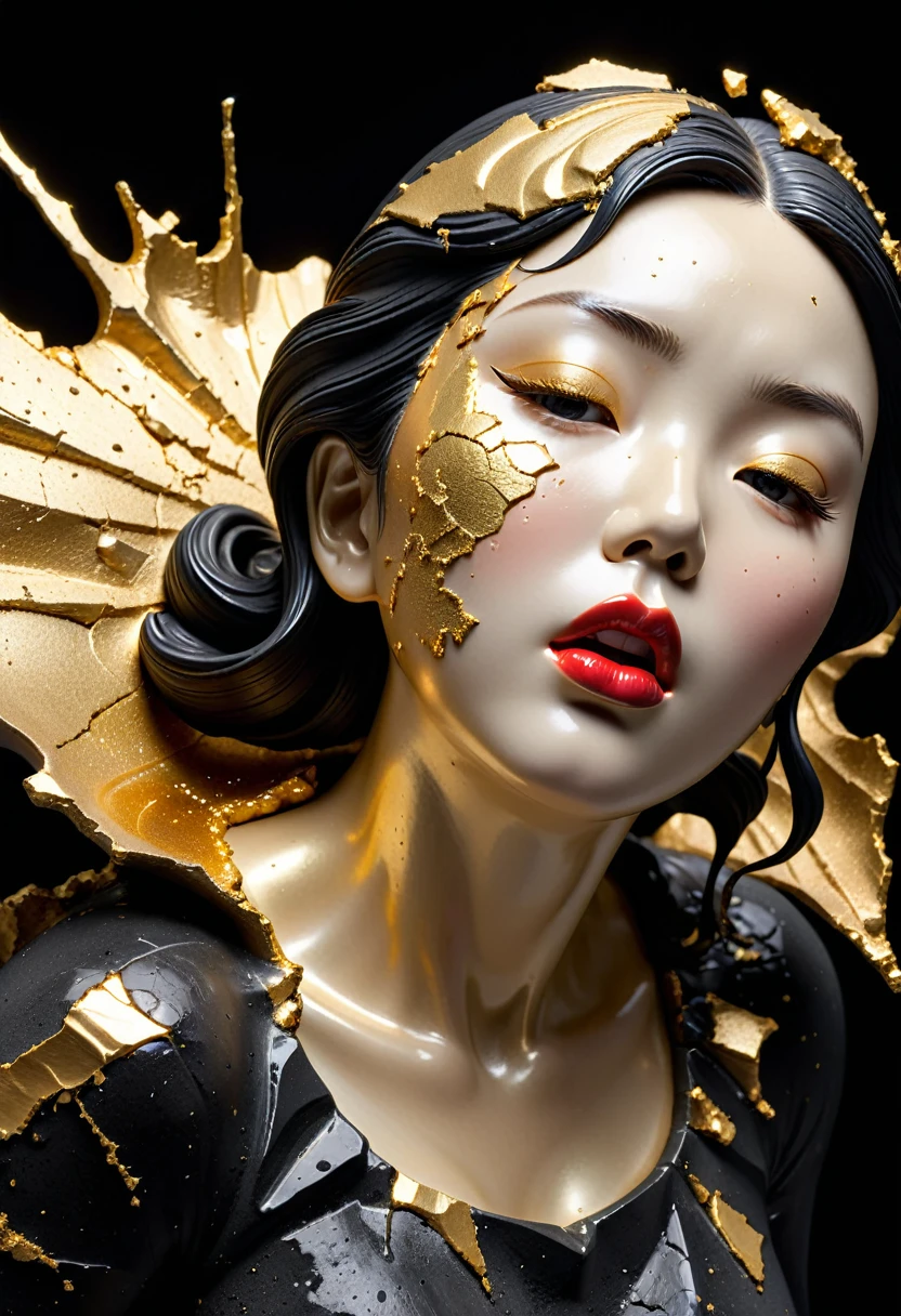 angry,(Bumpy cheeks,Pursed lips),Perfect eyes,((exhibit,Still Life Table,Artistic statues,3D Sculpture,ceramics,Surface cracks,Shattered Texture)), Show the beauty of nature.Kaneko,Gold Dust,portrait, This artwork is presented on a black background,Emphasize its artistic quality.