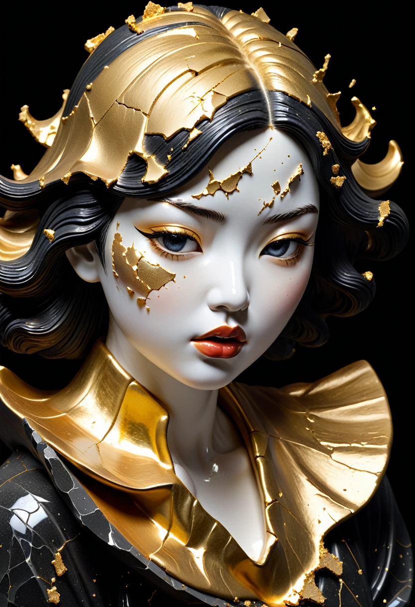 angry,(Bumpy cheeks，Pursed lips),Perfect eyes,((exhibit，Still Life Table，Artistic statues，3D Sculpture，ceramics，Surface cracks，Shattered Texture)), Show the beauty of nature.Kaneko，Gold Dust，portrait， This artwork is presented on a black background，Emphasize its artistic quality.
