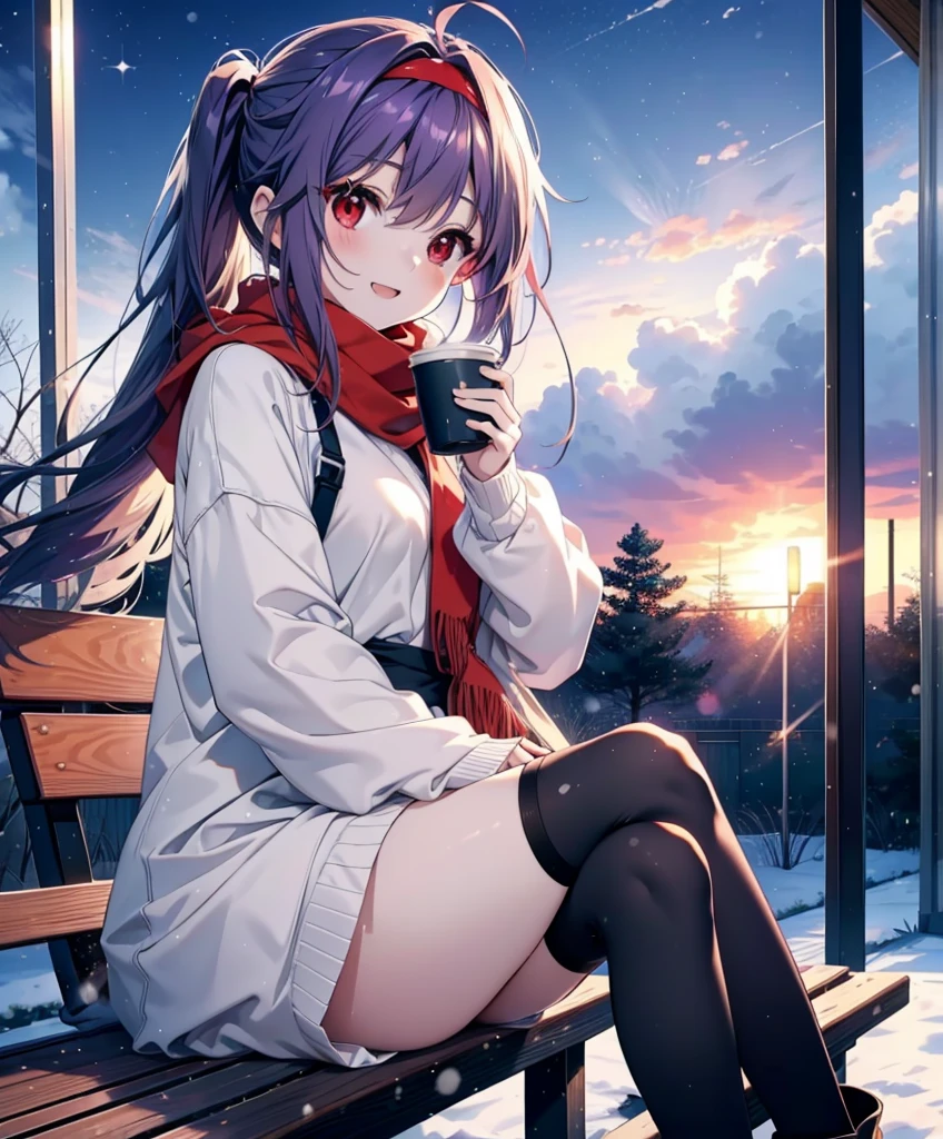 yuukikonno, Konno Yuuki, Long Hair, Pointed Ears, Purple Hair, (Red eyes:1.5), (Small breasts:1.2), Open your mouth,happy smile, smile, Open your mouth,hair band,low twin tail,Red Scarf,Oversized purple hoodie,Long skirt,Black pantyhose,short boots,Holding a paper cup of coffee in both hands,Sitting on a bench,snowが降っている,snowが降り積もっている,snow,snow,snow,snow,snowが積もった木,winter,Cold Sky,night,whole bodyがイラストに入るように,
break looking at viewer,  whole body,
break outdoors, garden,
break (masterpiece:1.2), Highest quality, High resolution, unity 8k wallpaper, (figure:0.8), (Beautiful attention to detail:1.6), Highly detailed face, Perfect lighting, Highly detailed CG, (Perfect hands, Perfect Anatomy),