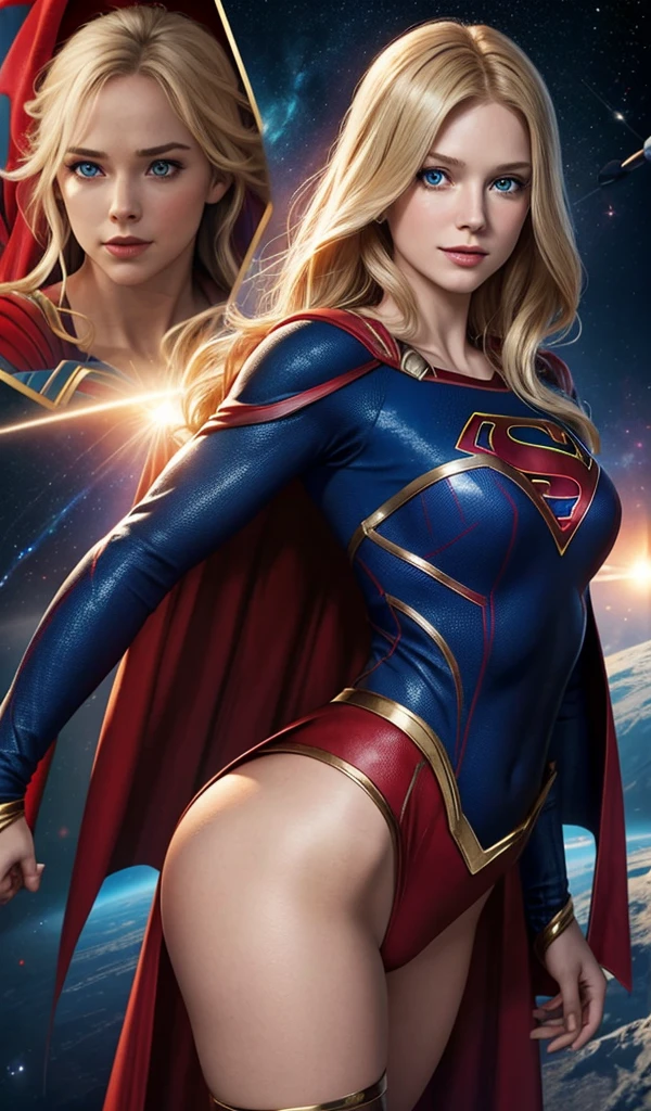 The actress Sidney Sweeney as the character Supergirl, extremely beautiful blue eyes, beautiful blond hair, incredible beautiful buttock, smooth curves, perfect smile, red cape, space monsters in the background 