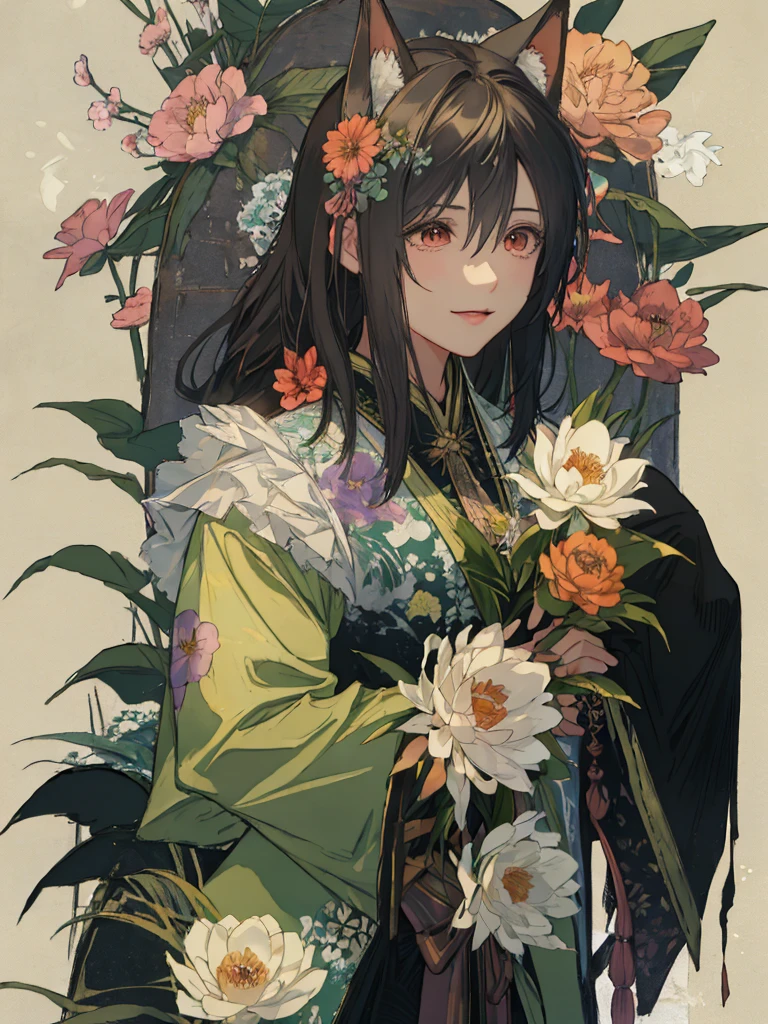((4K、masterpiece、top-quality))、(Two men smiling face to face)、Gray-haired man with beautiful fox ears、Armin、Strong man with black hair with wolf ears、Alvin、ink and watercolor painting、Traditional Chinese Ink Painting、lotuses、Hanfu、Maxi Kit、Dress conservatively、Animal ears,、bule、florals、Lots of flowers nearby、shenron、extra detailed face
