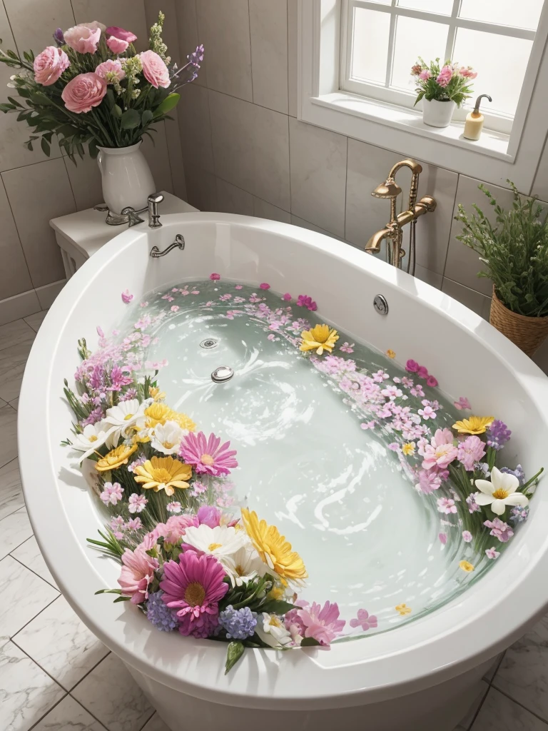 water in bathtub, candle, sprinkle of flowers