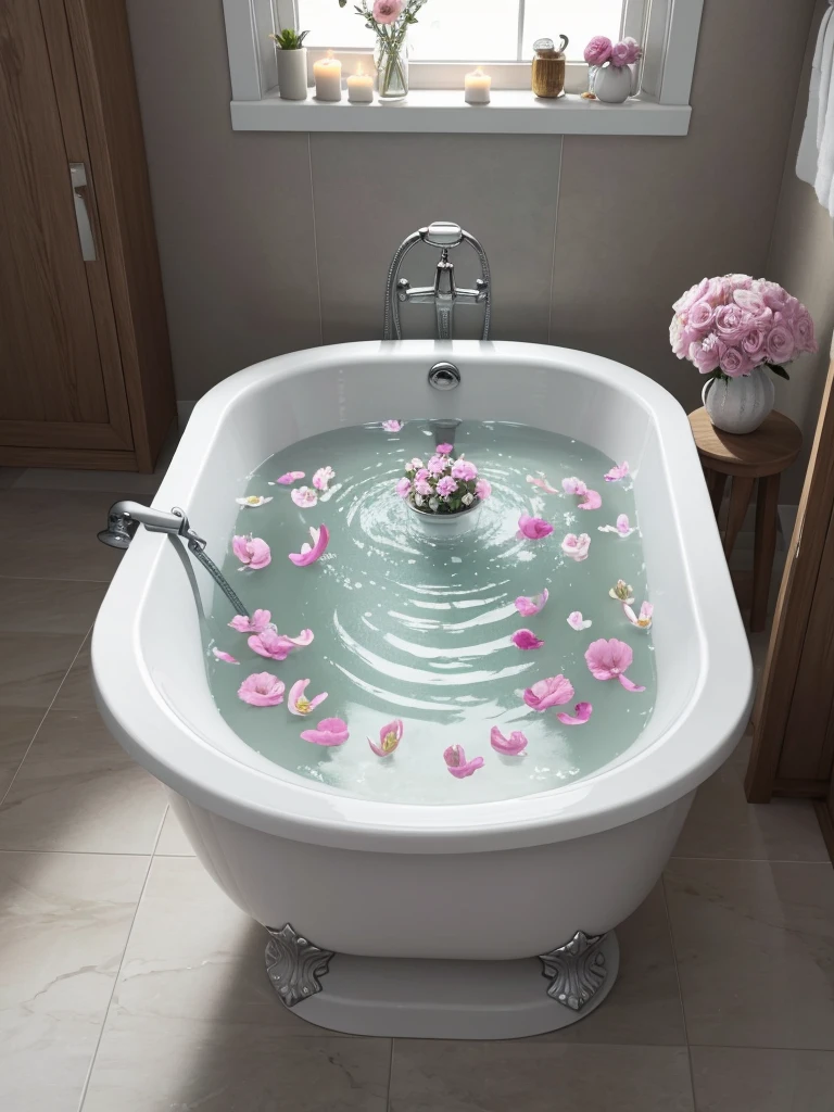 water in bathtub, candle, sprinkle of flowers