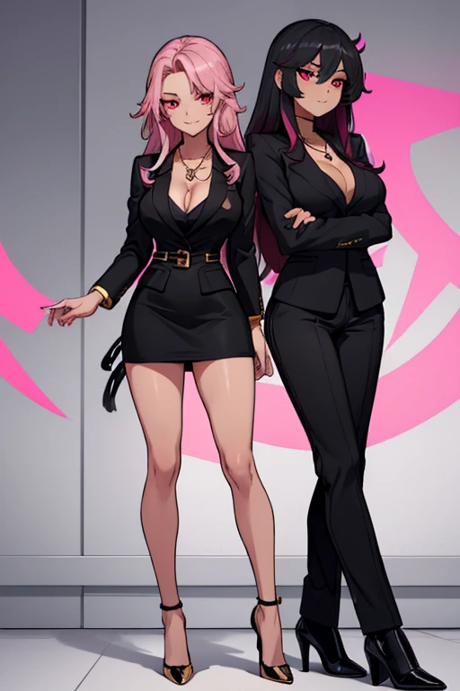 female, silver messy long hair, red eyes, tanned skin, (((1girl))), (((black blazer))), (pink shirt), (black dress pants), (black heels), (necklace with gold pendant), cute and sexy, full body, big breasts, long legs, smiling, cleavage