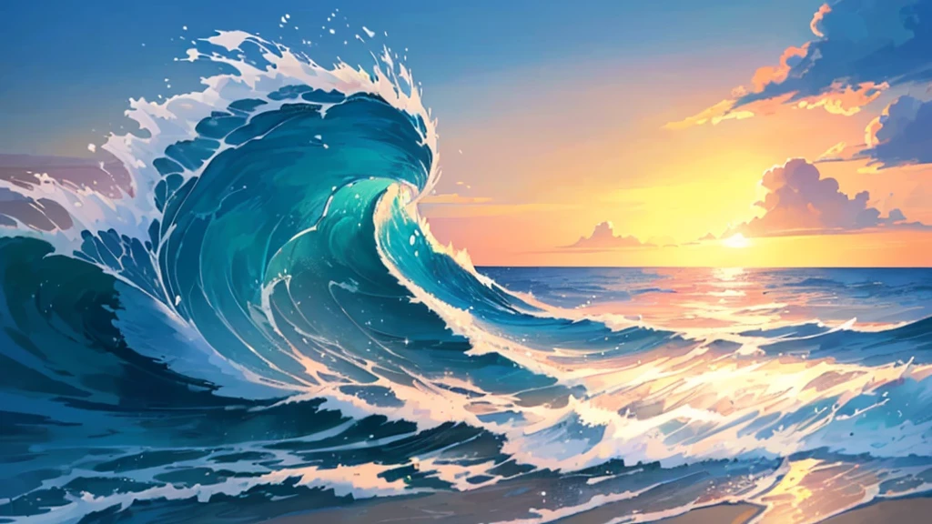 An illustration、Waves hitting the sand、water surface、Sea surface、the waves are beautiful、Fantasy、Sparkling