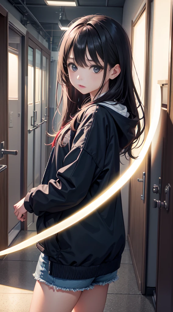 lighting like a movie、top-quality、One girl'Back of、(Wearing pink bra and panties)、dress room、ロッカーdress room、nice butt、perfect buttocks、turned around、full of sweat、