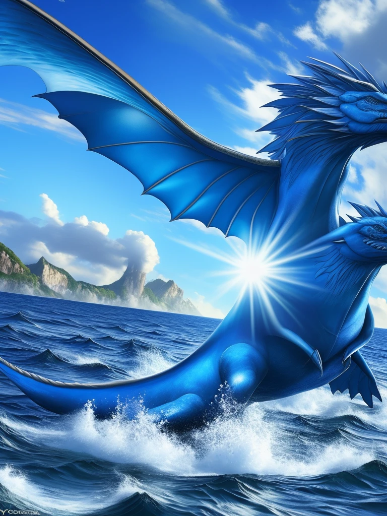 (Highest quality), ((masterpiece)), (Superior), original, Highly detailed CG Unity 8k wallpaper,
Blue is the main color,from the sea and dragons flying up through the clouds
 