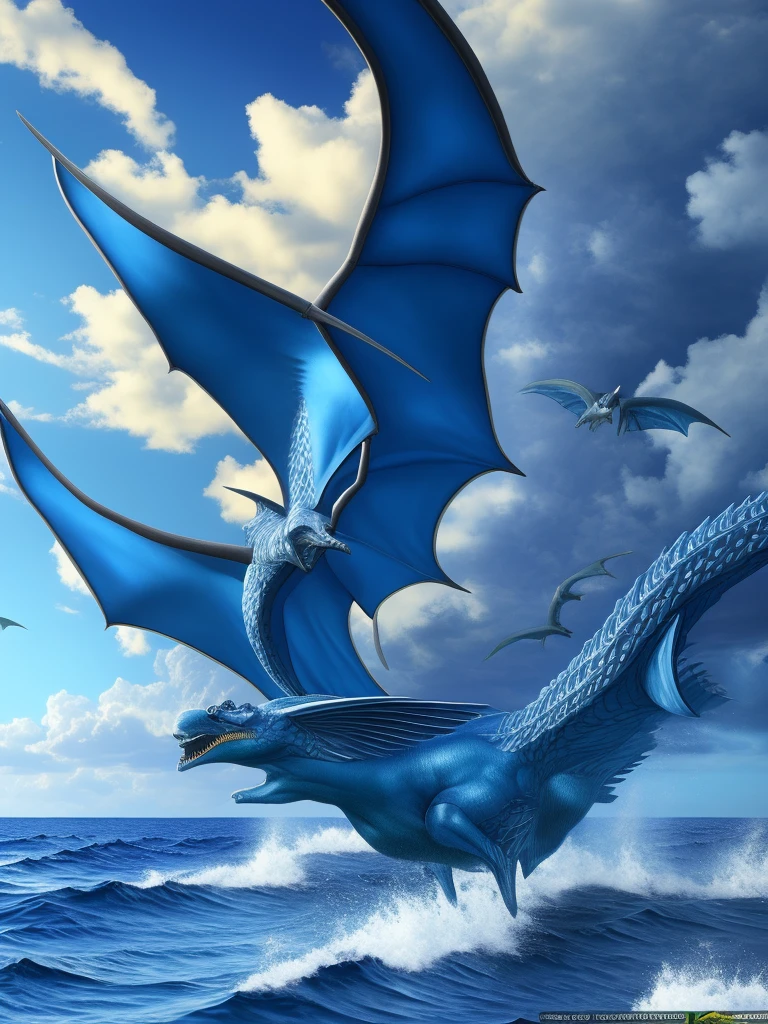 (Highest quality), ((masterpiece)), (Superior), original, Highly detailed CG Unity 8k wallpaper,
Blue is the main color,from the sea and dragons flying up through the clouds
 