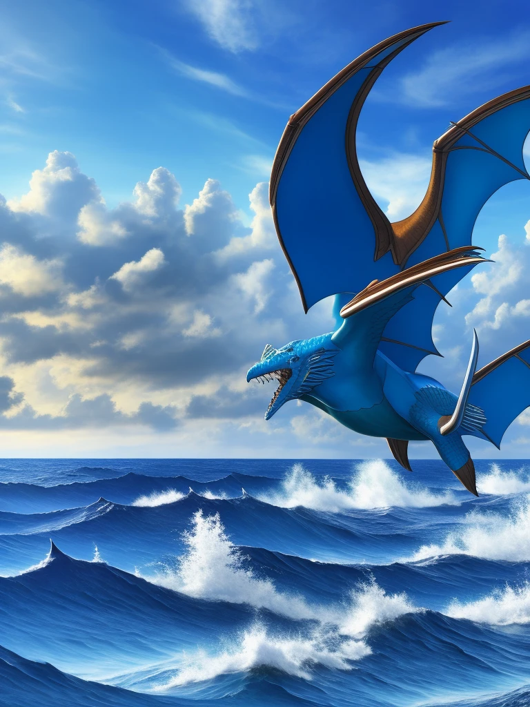 (Highest quality), ((masterpiece)), (Superior), original, Highly detailed CG Unity 8k wallpaper,
Blue is the main color,from the sea and dragons flying up through the clouds
 